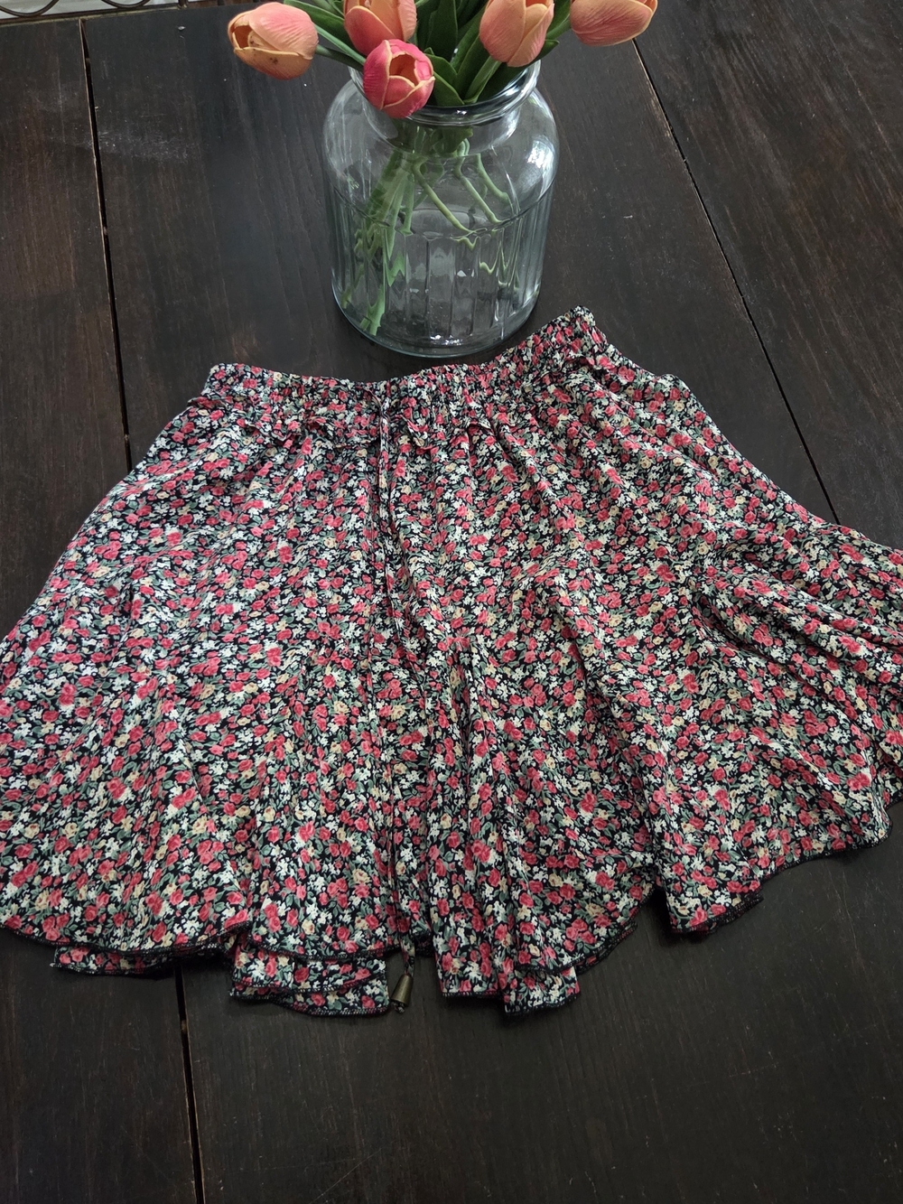 Entro Black Floral Circle Skirt with Pink Accents